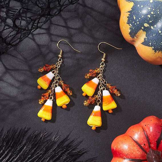 Серьги-подвески из латуни в виде кукурузы, с подвесками в технике лэмпворк ручной работы