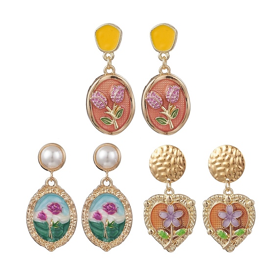 3 пары серег-гвоздиков с подвесками из сплава и эмали, с пластиковой жемчужины, овал/сердце с цветочным узором, золотые