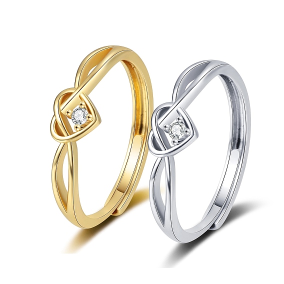 Регулируемое латунное кольцо-солитер с микропаве из кубического циркония, сердце