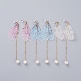 Organza Fabric Dangle Earrings, with Plastic Imitation Pearl Beads, Cubic Zirconia, Plastic Ear Nuts, Brass Cable Chains and Stud Earring Findings, Dragonfly Wing
