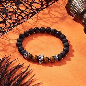Браслеты из натуральных круглых бусин из лавы и тигрового глаза, Череп 304 бижутерия из нержавеющей стали для мужчин