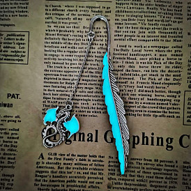 Luminous Alloy Feather/Hook/Phenix Bookmark, Dragon Pendant Bookmark, Glow in The Dark