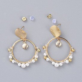 Stud Earrings, with Rondelle Glass Beads, Glass Pearl Beads, Plastic Ear Nuts, Brass Ear Nuts, Linking Rings & Stud Earring Findings, Cross, with Cardboard Box