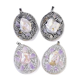 Natural Shell Polymer Clay Rhinestone Pendants, Resin Amethyst Teardrop Charms with Platinum Plated Brass Snap on Bails