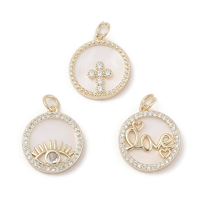 Латунные микропаве прозрачные подвески с фианитом, с натуральной белой оболочкой и прыгающим кольцом, реальный 18 k позолоченный, плоско-круглые