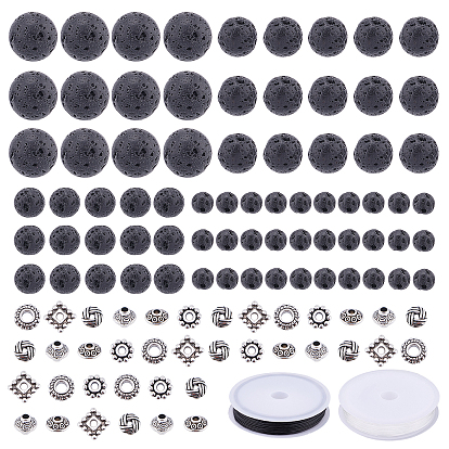 DIY Bead Stretch Bracelets Making Kits, Including Natural Lava Rock Round Beads, Tibetan Style Alloy Spacer Beads and Elastic Crystal Thread