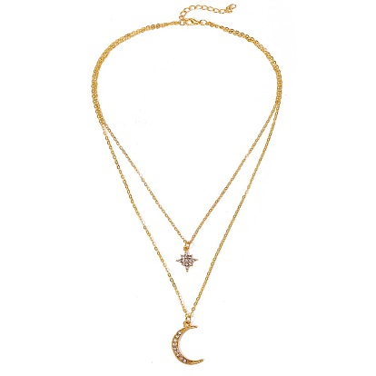 Sparkling Multi-layer Alloy Necklace with Moon-shaped Diamond Pendant