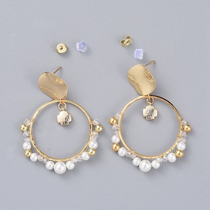 Stud Earrings, with Rondelle Glass Beads, Glass Pearl Beads, Plastic Ear Nuts, Brass Ear Nuts, Linking Rings & Stud Earring Findings, Cross, with Cardboard Box