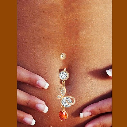 Piercing Jewelry, Brass Cubic Zirconia Navel Ring, Belly Rings, with 304 Stainless Steel Bar, Cadmium Free & Lead Free, Butterfly