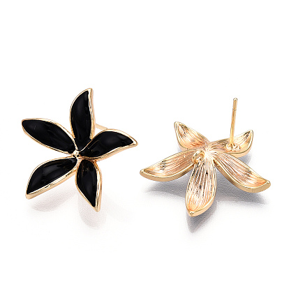 Brass Enamel Stud Earring Findings, with Loop, Real 18K Gold Plated, Nickel Free, Flower