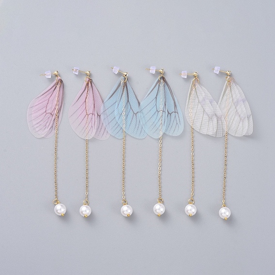 Organza Fabric Dangle Earrings, with Plastic Imitation Pearl Beads, Cubic Zirconia, Plastic Ear Nuts, Brass Cable Chains and Stud Earring Findings, Dragonfly Wing