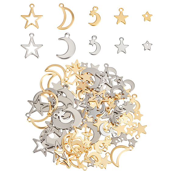 100 шт 10 стили 304 подвески из нержавеющей стали, Луна и звезды