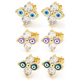 Flower with Evil Eye Real 18K Gold Plated Brass Stud Earrings, with Enamel and Cubic Zirconia