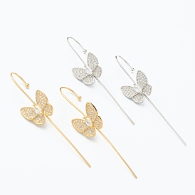Latón micro pave pendientes de gancho de oruga de circonita cúbica transparente, mariposa