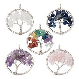 5Pcs 5 Style Natural Mixed Gemstone Pendants, with Platinum Brass Findings, Flat Round with Tree of Life