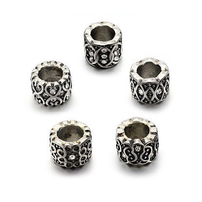 Mixed Styles Retro 304 Stainless Steel Grade A Rhinestone Big Hole Column Beads, 8x11mm, Hole: 6mm