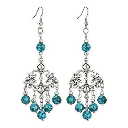 Alloy Flower Chandelier Earrings, Synthetic Turquoise Round Beaded Long Drop Earrings for Women