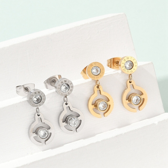 Плоские круглые 304 серьги-гвоздики из нержавеющей стали с микропаве из прозрачных кубических цирконий, ионное покрытие (ip)