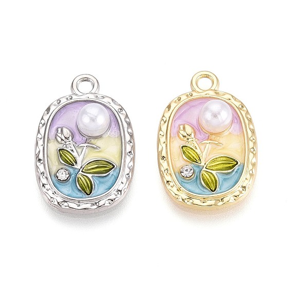 Подвески из сплава с покрытием из стразов и эмали, прямоугольник и цветок, с ABS имитации жемчуга