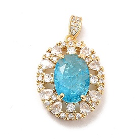 Brass Micro Pave Clear Cubic Zirconia Pendants, with Deep Sky Blue Glass, Oval