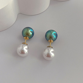Niche design sense contrasting color pearl earrings female s925 silver needle a pair of high-end earrings