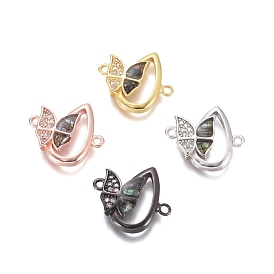 Conectores de enlaces de circonita cúbica transparente de micro pavé de latón, con concha de abulón / concha de paua, lágrima con mariposa