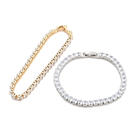 Brass Pave Clear Cubic Zirconia Square Link Bracelets, Nickle Free, Long-Lasting Plated