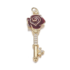 Brass Micro Clear Cubic Zirconia Pendants, with Enamel, Long-Lasting Plated, Rose Key, Dark Red