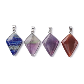 Natural Gemstone Pendants, Rhombus Charms with Stainless Steel Color Plated Stainless Steel Snap on Bails