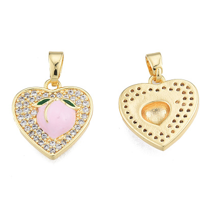 Brass Micro Pave Clear Cubic Zirconia Pendants, with Enamel, Real 18K Gold Plated, Nickel Free, Heart with Peach