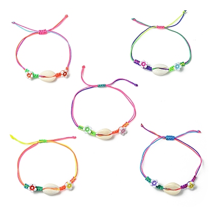 Натуральные смешанные бусины из ракушек каури плетеные браслеты из бисера, Браслеты из нейлонового шнура для женщин, форма ракушки и цветок с акриловыми бусинами