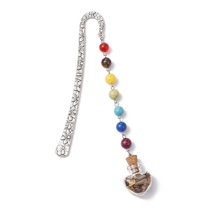 7 Chakra Gemstone Bead & Gemstone Glass Heart Wishing Bottle Pendant Bookmarks, Alloy Hook Bookmarks