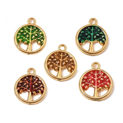 304 Stainless Steel Enamel Pendants, Tree of Life Charms, Ion Plating(IP), Long-Lasting Plated, Real 18K Gold Plated