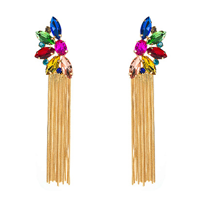 Colorful Rhinestone Floral Long Tassel Earrings - European and American Exaggerated Ear Jewelry