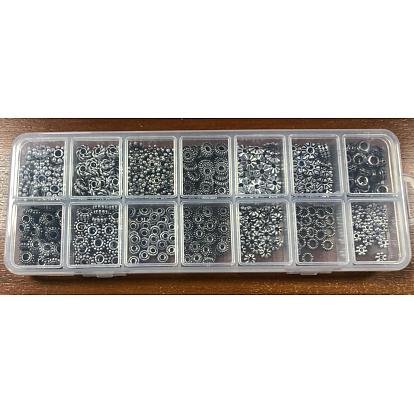 480Pcs 14 Styles Tibetan Style Alloy Spacer Beads, Cadmium Free & Lead Free, Rondelle & Flower & Flat Round, Mixed Shapes