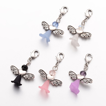 5 piezas 5 colores perlas de vidrio ángel colgante decoración, con aleación de zinc hebillas de pinza de langosta, Abalorios de acrílico, sin cadmio y níque y plomo