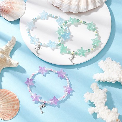 3шт. 3 цвета, стеклянные бусины в форме звезд, окрашенные распылением, и натуральные бусины из розового кварца, амазонита и зеленого авантюрина, эластичные браслеты для женщин, с подвеской в виде дельфина из сплава