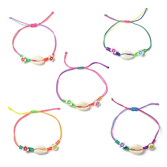 Натуральные смешанные бусины из ракушек каури плетеные браслеты из бисера, Браслеты из нейлонового шнура для женщин, форма ракушки и цветок с акриловыми бусинами