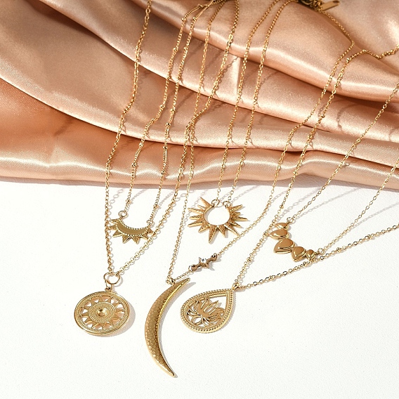 304 ожерелья из нержавеющей стали с подвесками в виде двухслойного цветка лотоса и солнца, для женщин, реальный 18 k позолоченный