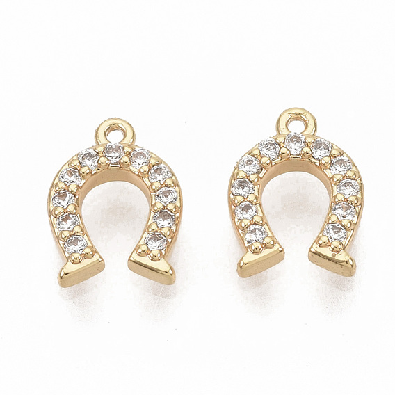 Brass Micro Pave Clear Cubic Zirconia Charms, Nickel Free, Real 18K Gold Plated, Horseshoe