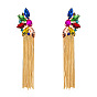 Colorful Rhinestone Floral Long Tassel Earrings - European and American Exaggerated Ear Jewelry