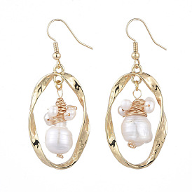 Oval Dangle Earrings, with Natural Pearl, Alloy Twist Links, Brass Earring Hooks and Cardboard Boxes