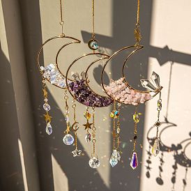 Glass Teardrop Window Hanging Suncatchers, with Gemstone Chips and Metal Star Pendants Decorations Ornaments, Moon