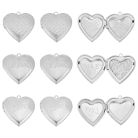 Unicraftale 12 pcs 3 style 304 & 316 pendentifs médaillon en acier inoxydable, charmes cadre photo, pour Saint Valentin, cœur