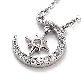 201 Stainless Steel Cable Chain Necklaces, Brass Clear Cubic Zirconia Crescent Moon with Star Pendant Necklaces