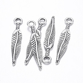 Tibetischer stil Aluminium Anhänger & Charms, Bleifrei und cadmium frei, Feder, 5 mm breit, 29 mm lang, Bohrung: 2 mm