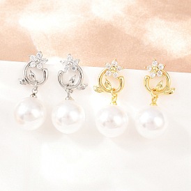 Серьги-гвоздики в виде цветка ко Дню святого Валентина, латунные, с микропаве и прозрачными кубическими циркониями., с абс пластмассовой имитационной жемчужиной, без кадмия и без свинца, долговечный, стойки покрытие