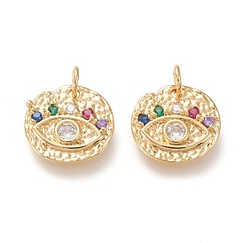 Brass Micro Pave Clear Cubic Zirconia Charms, with Jump Rings, Long-Lasting Plated, Flat Round with Horse Eye, Colorful