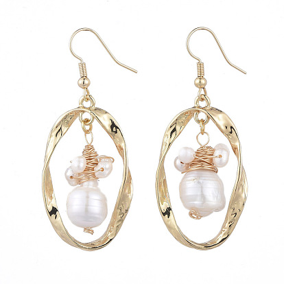 Oval Dangle Earrings, with Natural Pearl, Alloy Twist Links, Brass Earring Hooks and Cardboard Boxes