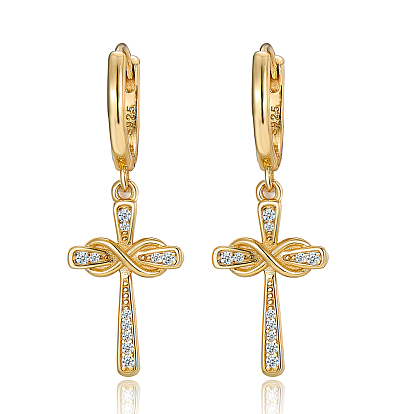 925 Pendientes de aro con cruz de plata de ley, con diamante de imitación